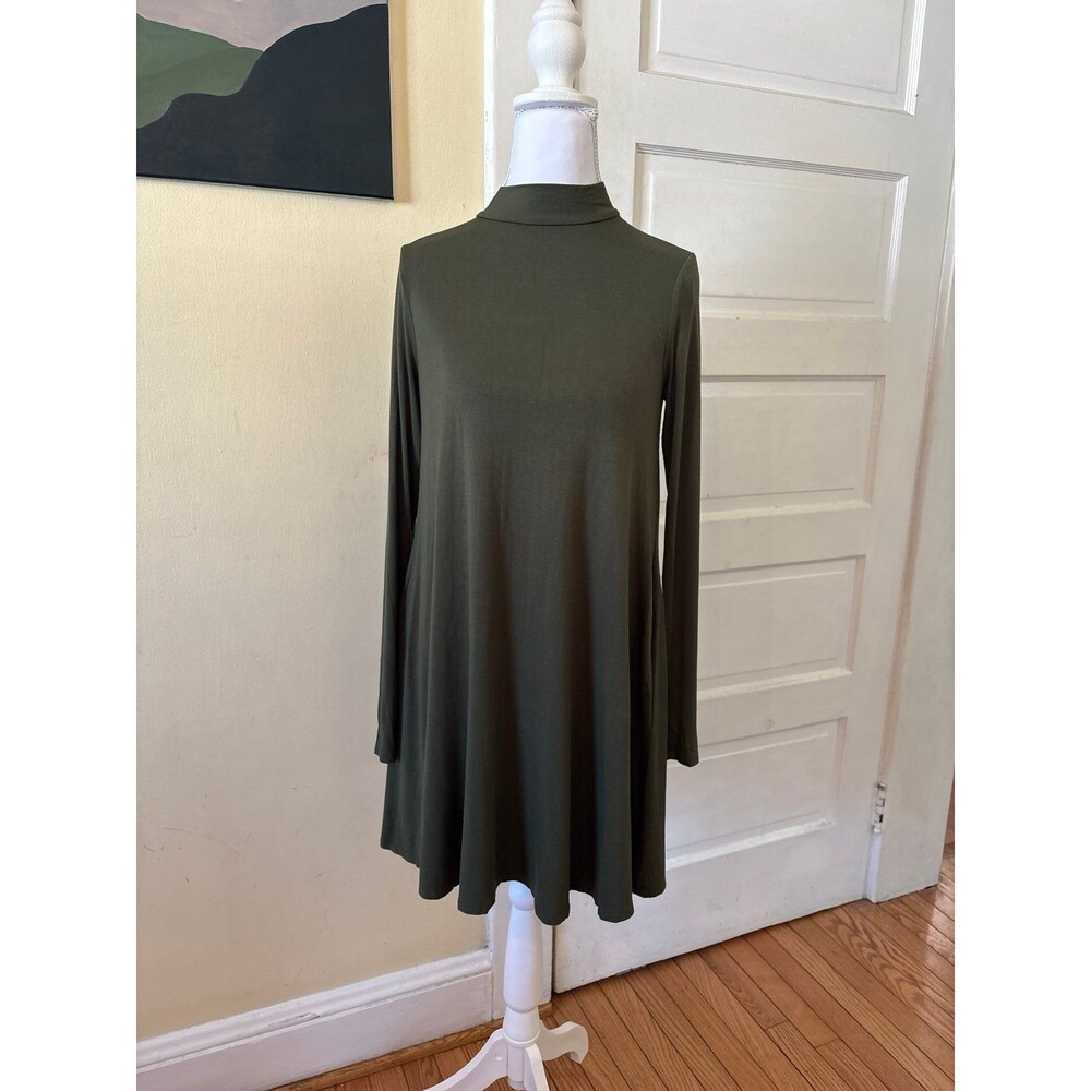 Woman's mock neck tunic dress top army forest green pockets modal fabric mini